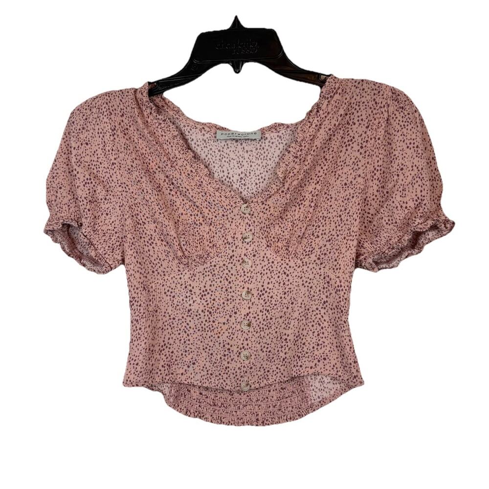 Paper Crane Blouse Women's Small Pink Print Coquette Fairy Milkmaid Crop Top EUC